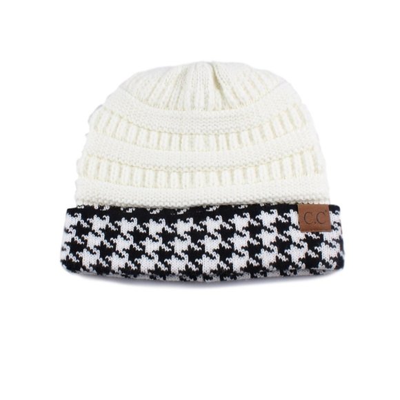 CC C.C Houndstooth Ivory & Black Beanie Hat - Picture 1 of 1